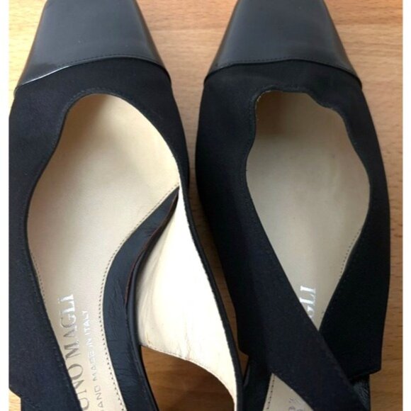 Bruno Magli Italy Black Leather Fabric Slingback Peep Toe Heels Shoes Size 6 - Picture 4 of 14
